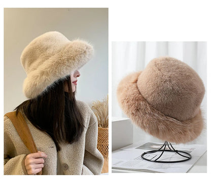 2024 Fluffy Faux Fur Bucket Hats Women Rabbit Fur Warm Thick Plush Winter Hat Lady Fashion Luxury Panama Furry Fisherman Cap Y2k