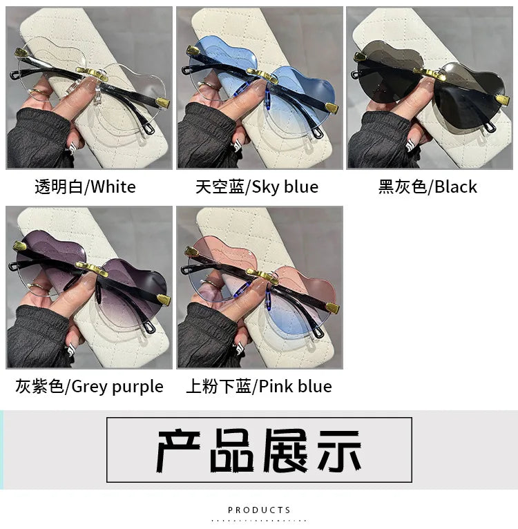 New Rimless Sunglasses Heart Fashion Pc Frame Women Men Code Round Sun Glasses for Female Male Gradient Traveling Oculos Glasses