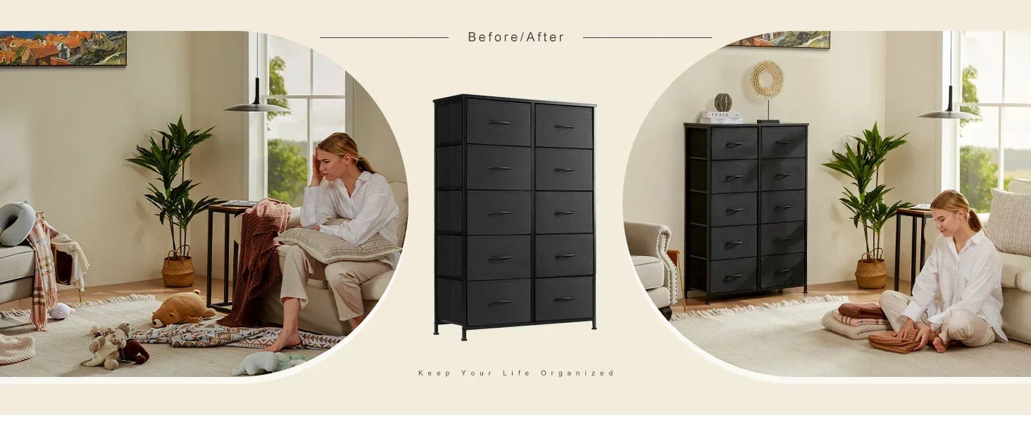 Dresser for Bedroom, Tall Storage Drawers, Fabric Storage Tower with 10 Drawers, Chest of Drawers with Fabric Bins, Sturdy Metal