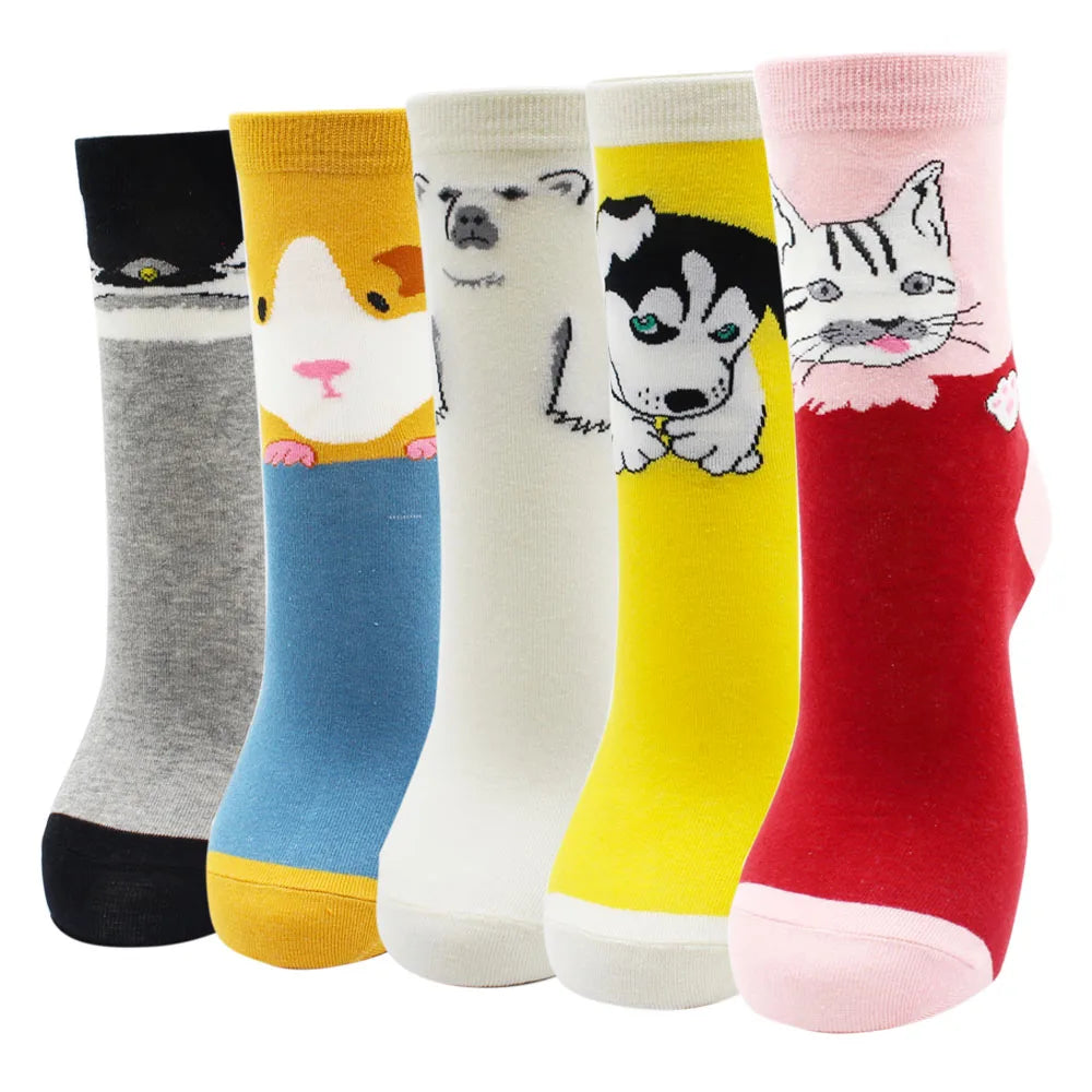 5 Pairs New Fashion Colorful Harajuku Korean Kawaii Cute Women Socks Cat Dog Owl Stripe Avocado Girl Cotton Cartoon Socks