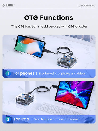 ORICO Transparent Usb C Hub 4 Port Expansion With Power Supply Interface Usb 3.2 Protocol High Speed Transmission OTG Dapter