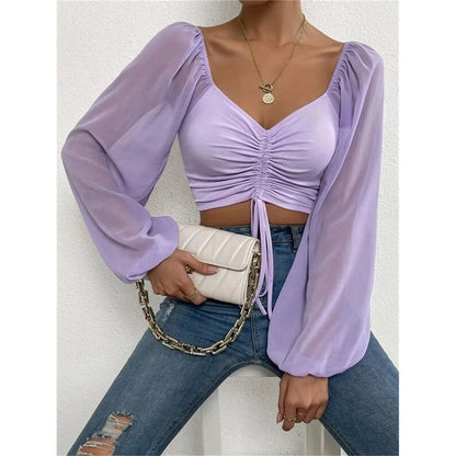 S-3XL Mesh Lantern Sleeves Drawstring Wrap Chest Bare Midriff T-Shirt Women Long Sleeve Ruched Blouse Sexy Crop Top Tee K5995
