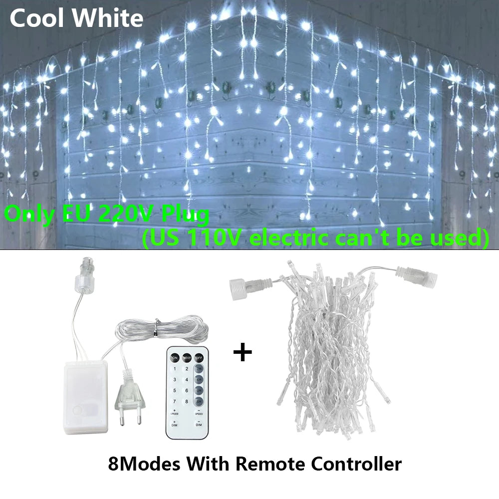 3.5-40M LED Icicle String Lights Christmas Curtain Fairy Lights Garland Remote Outdoor For New Year Wedding Street Holiday Decor