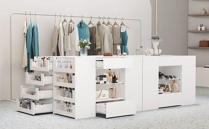 Closet Island with Drawers, Wardrobe Armoire Bedroom Island, Glass Display Shelf & 12 Drawers, White Dresser with Glass Top