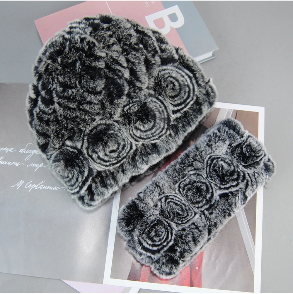 New Fashion Real Fur Hats Scarves Sets Women Winter Knitted Real Rex Rabbit Fur Hat Scarf Ladies Natural Fur Hats Mufflers Sets