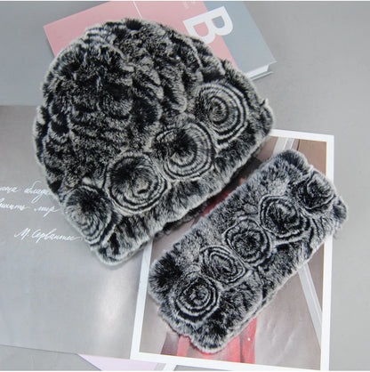 New Fashion Real Fur Hats Scarves Sets Women Winter Knitted Real Rex Rabbit Fur Hat Scarf Ladies Natural Fur Hats Mufflers Sets