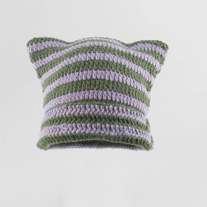 New Japanese Streetwear Harajuku Beanie Little Devil Striped Knitted Hat Women Girls Autumn Winter Cute Cat Ears Cap
