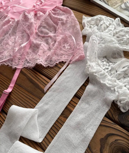 Ellolace Fancy Sexy Lingerie Girly Pink Corset Dress With Stocking g-String Tightening Matching 5-Piece Sissy Lace Onlyfans Kit