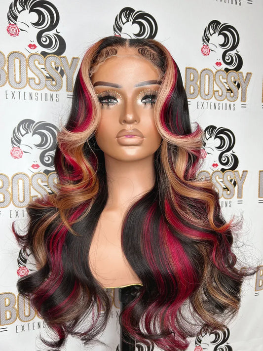 13X6 Black with Red Blonde Highlight Wig Synthetic 13x4 Lace Front Wigs Pre Plucked With Hairline Women's Wig Lace Frontal Wig