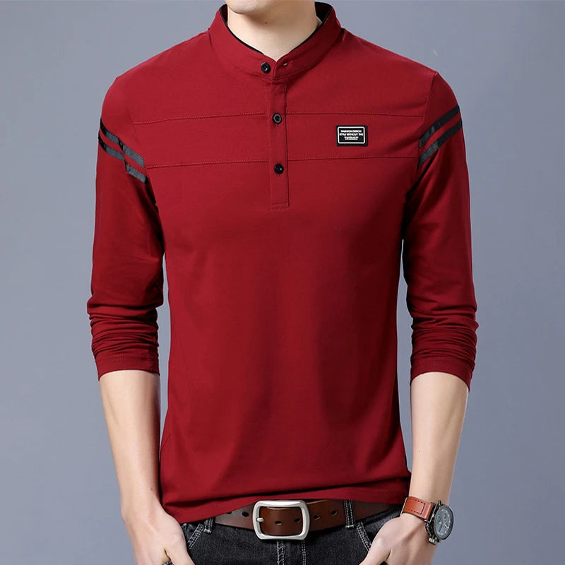 Men's Fashion Summer Long Sleeved POLO T-shirt Casual Cotton Breathable Top Stand Up Neck Long Sleeve Korean Comfortable Shirt