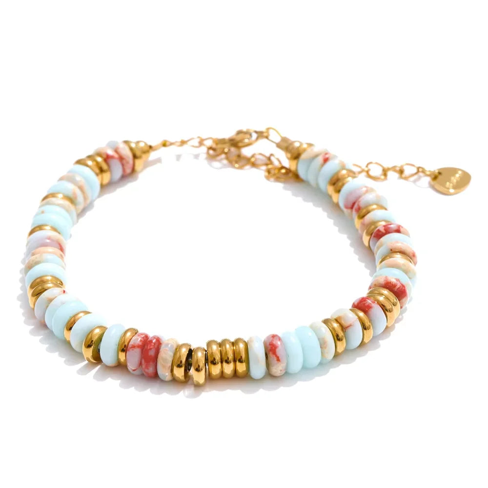 Yhpup Colorful Natural Stone Beads Chain Handmade Bracelet Bangle Waterproof Bohemia Stainless Steel Y2K Trendy Jewelry Gift