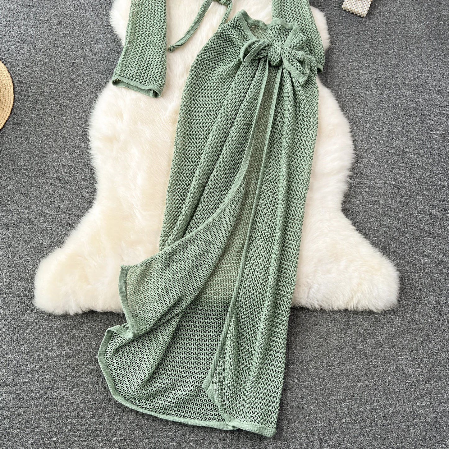 SINGREINY Vacation Two Piece Set Women Long Sleeve V Neck Short Top Adjustable Waist Split Long Skirt Knit Summer Beach Suit