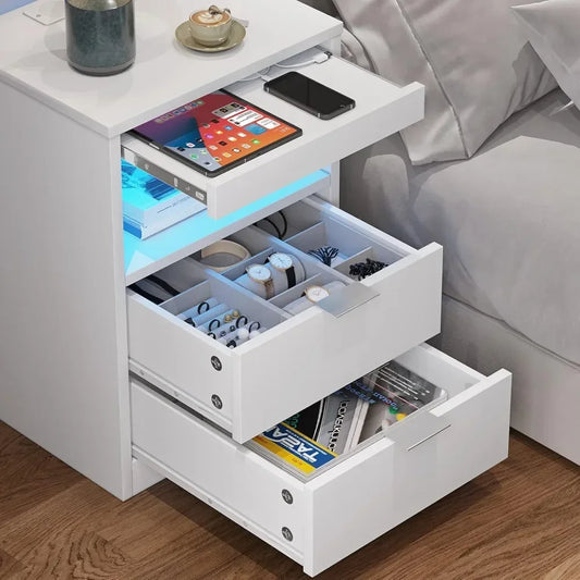 LED Nightstands Set of 2, Nightstand with Wireless Charging Station 2 Drawers, Modern Bedroom End Side Table with LED Lights