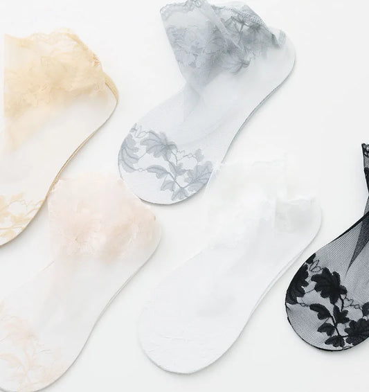 5 Pairs/Lot Summer Socks women's Lace Transparent Lolita Invisible Summer Thin Non-slip Short Ankle Black Low Cut Boat Sock