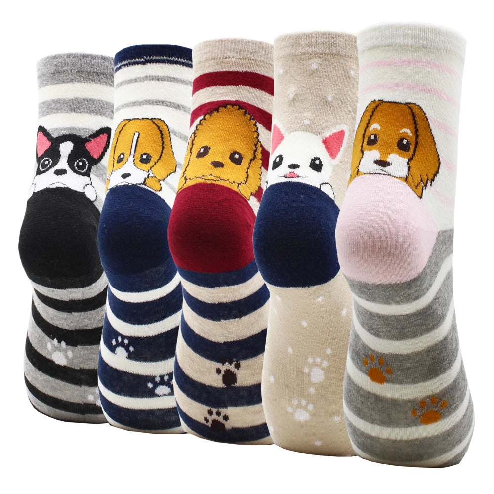5 Pairs New Fashion Colorful Harajuku Korean Kawaii Cute Women Socks Cat Dog Owl Stripe Avocado Girl Cotton Cartoon Socks