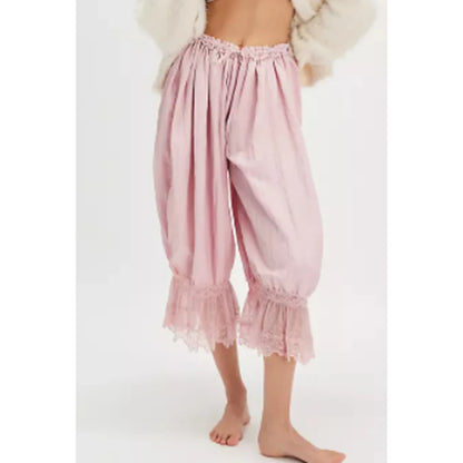 Combhasaki Women's Y2K Loose Fit Bloomers Cropped Pants Drawstring High Waist Floral Lace Patchwork Calf-Length Lantern Trousers