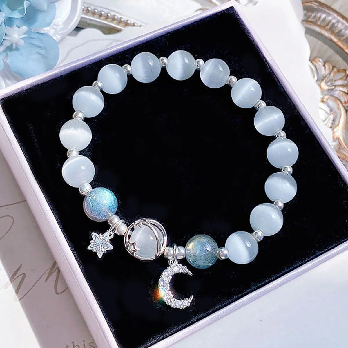 Princess Girls Star Moon Bracelet Blue Purple Color Opal Stone Bracelet for Kids Shiny Crystal Bracelets Wristband Jewelry Gift