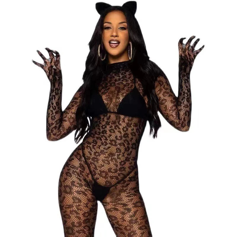 Open Crotch Lingerie Women Sexy Backless Cutout Body Bra Set Mesh Transparent Baby Doll Bodystocking Leopard Print Underwear Set