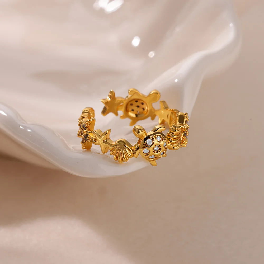Dainty Zircon Shell Starfish Turtle Evil Eye Rings Stainless Steel Ring Women Anti Fading Golden Charm Jewelry Accessories Gifts