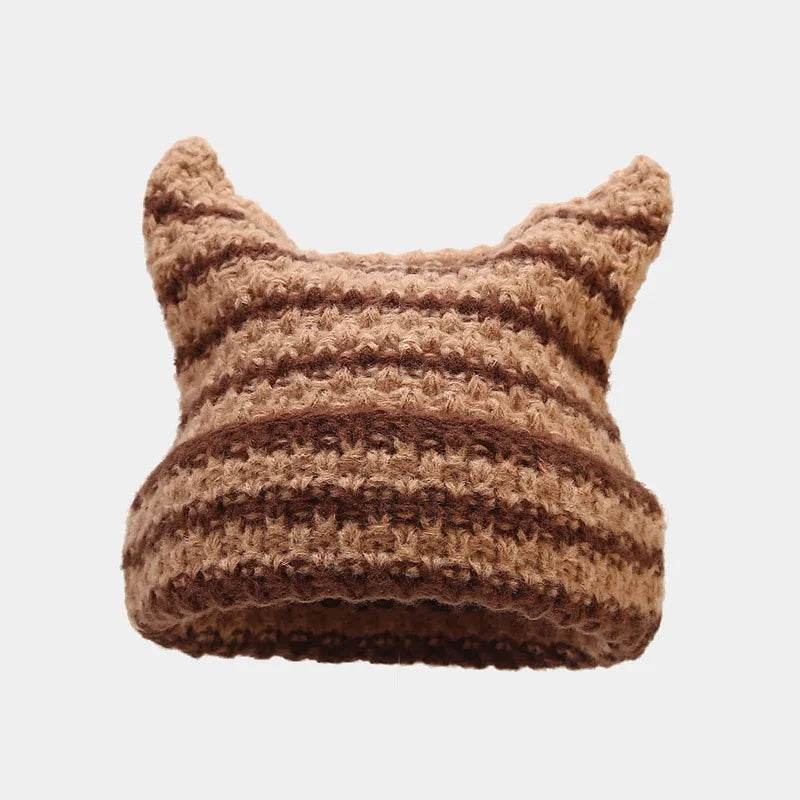 New Japanese Streetwear Harajuku Beanie Little Devil Striped Knitted Hat Women Girls Autumn Winter Cute Cat Ears Cap
