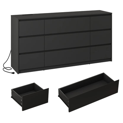 9 Drawer Dresser for Bedroom, 63" Modern Large Wood Chest of Drawers with Charging Station Handle Free, Storage Organizer Closet