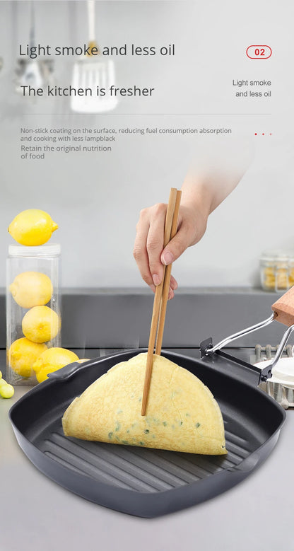Foldable Portable Frying Pan Picnic Grill Pan Anti-scald Wooden Handle Outdoor Grill Pan Double Mouth Steak Pan(No Lid)