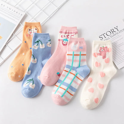 5 Pairs New Fashion Colorful Harajuku Korean Kawaii Cute Women Socks Cat Dog Owl Stripe Avocado Girl Cotton Cartoon Socks