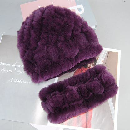 New Fashion Real Fur Hats Scarves Sets Women Winter Knitted Real Rex Rabbit Fur Hat Scarf Ladies Natural Fur Hats Mufflers Sets