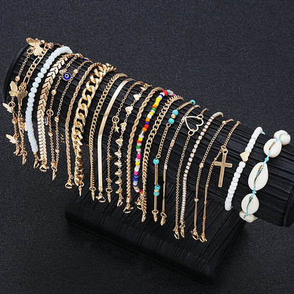 22 Pcs Minimalist Love Butterfly Shell Rhinestone Bead Anklet Set For Women Summer Beach Boho Anklets Fashion Jewelry Gifts 2024