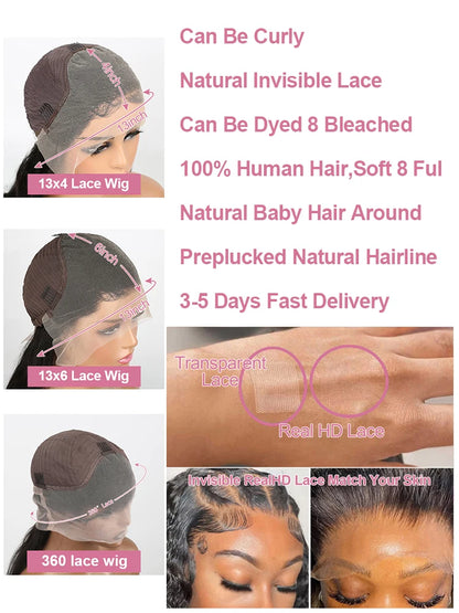 300% High Density 40 46 Inch Bone Straight 13x6 HD Lace Front Wigs Human Hair Brazilian 13x4 360 Full Lace Frontal Wig Pre Pluck