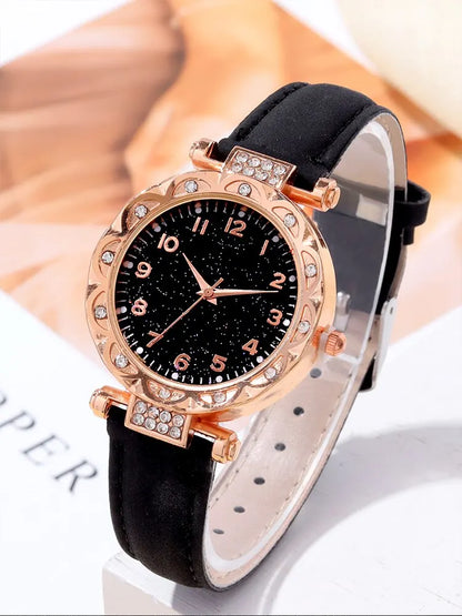 3PCs Fashion Versatile Starry Sky Diamond Embedding Women's Belt Quartz Watch with Diamond Embedding Bracelet Set