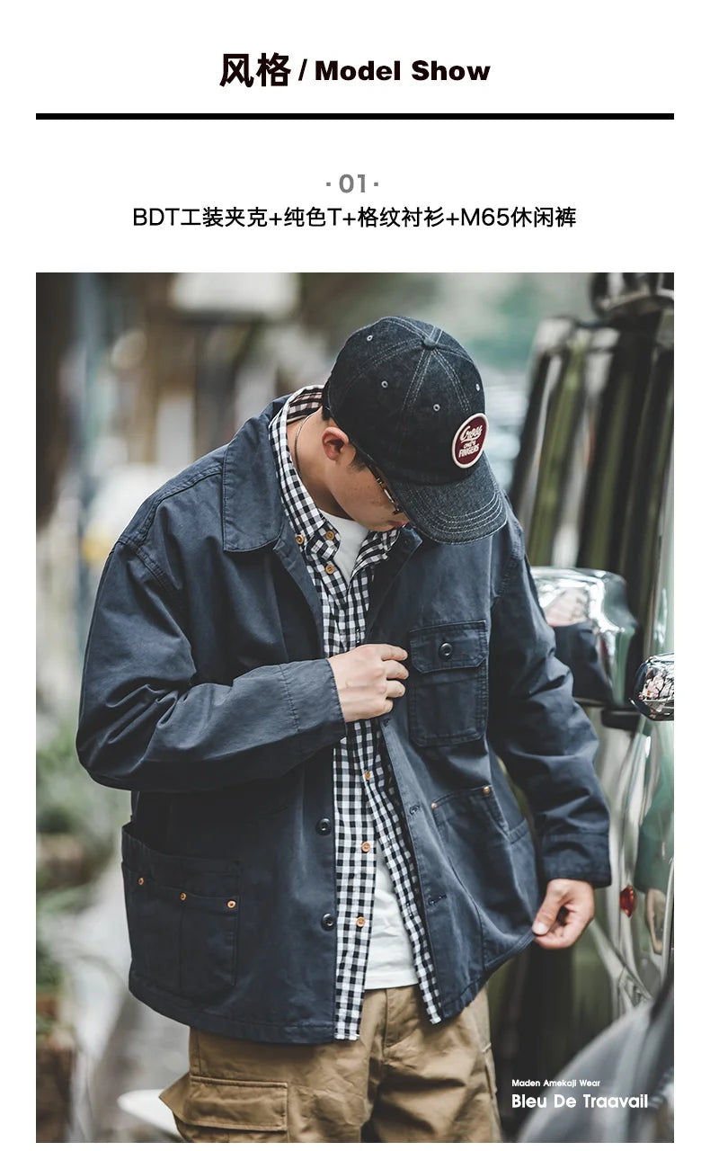 Maden Retro French Jacket Multi-Pocket Lapel Navy Heavyweight Single-breasted Hunting Coat for Men's Spring and Autumn Tops