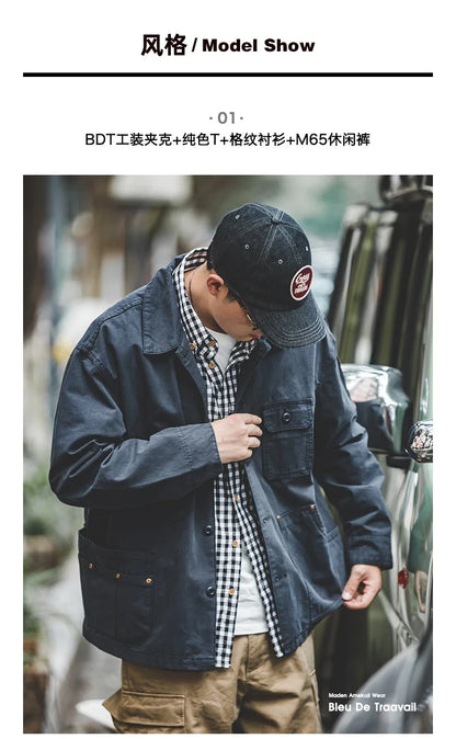 Maden Retro French Jacket Multi-Pocket Lapel Navy Heavyweight Single-breasted Hunting Coat for Men's Spring and Autumn Tops