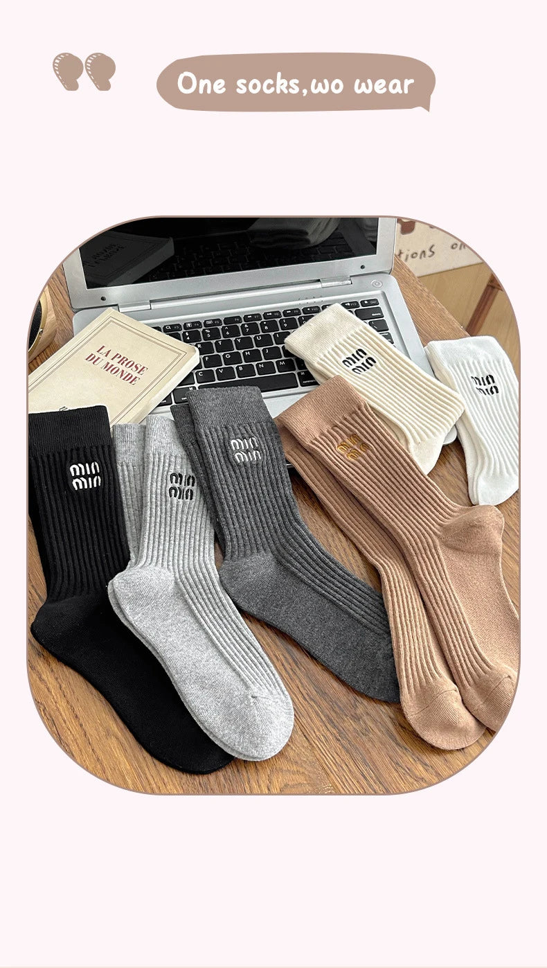 5 Pairs Socks Letter Designer Women Socks Luxury Brands Embroidered Striped Double-needle Mid-Tube Fashion Solid Cotton Socks