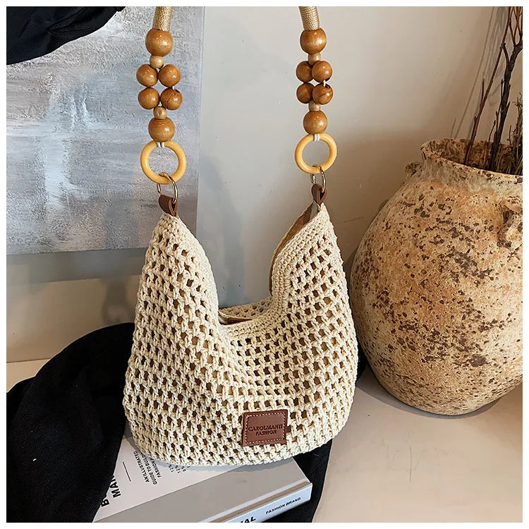 Beach Summer Bag for Women Mesh Woven Shoulder Bag Adjustable Strap Handbag Large Capacity Hobo Bag for Travel Vacation