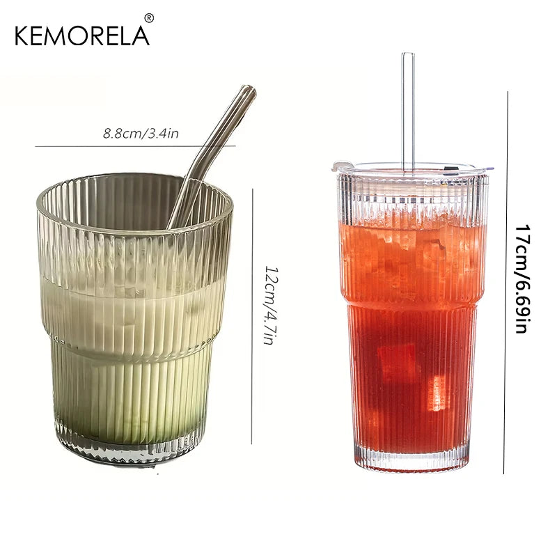 1/2PCS 450ml Stripe Glass Cup Transparent Glasses With Lid and Straw Ice Coffee Mug Tea Cup Juice Glass Milk Water Cup Drinkware