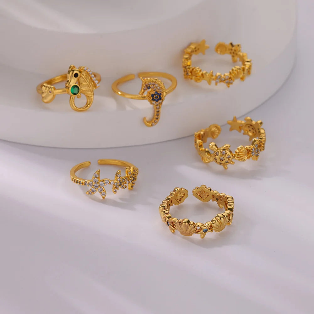 Dainty Zircon Shell Starfish Turtle Evil Eye Rings Stainless Steel Ring Women Anti Fading Golden Charm Jewelry Accessories Gifts