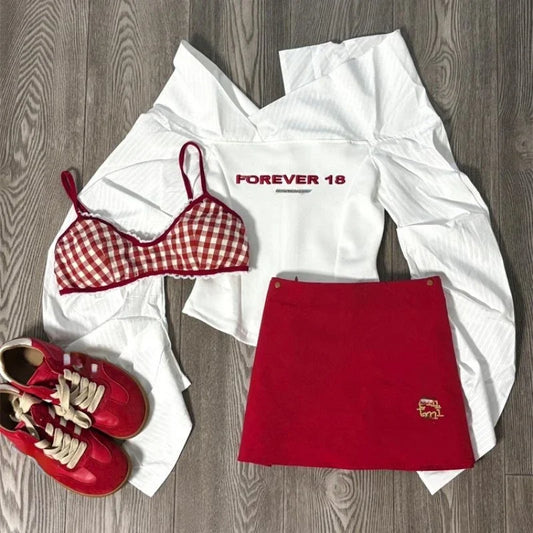 Woman 90s Aesthetic Fashion 3 Piece Set Spicy Girls Plaid Bra + White Print Long Sleeve Tops + Red Y2k Mini Skirt Korean Style