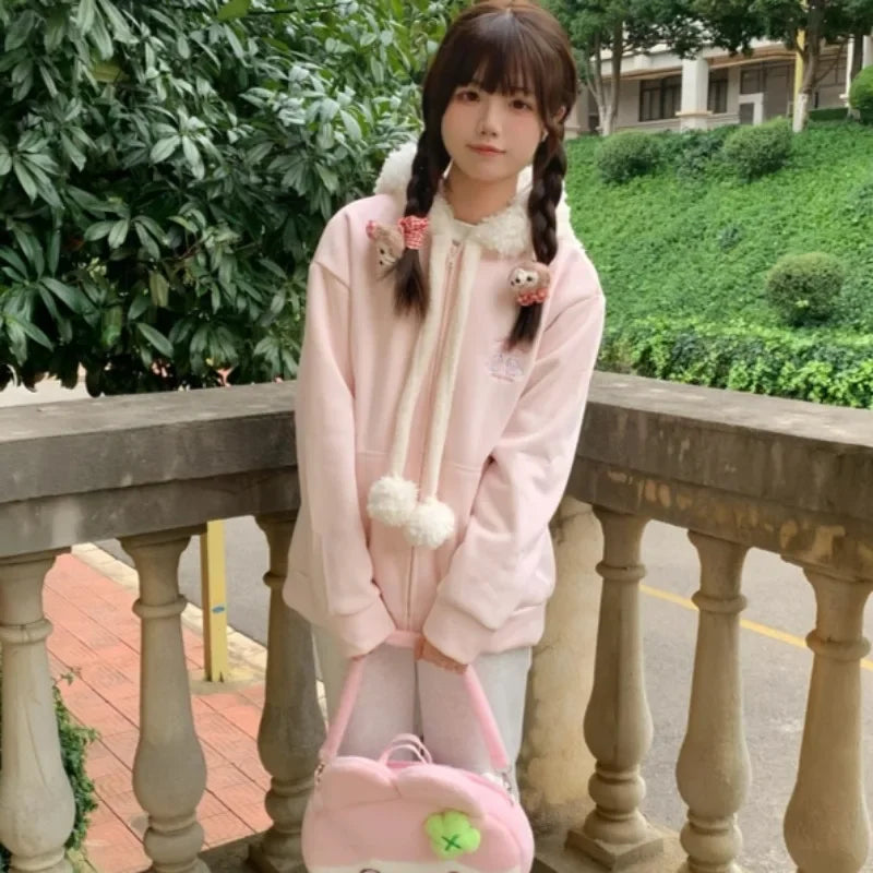 Vintage Kawaii Long Sleeve Loose Coat with Hooded Women Japanese Cute Zipper Sweatshirts Female Casual Y2k Jacket Overcoat Chic