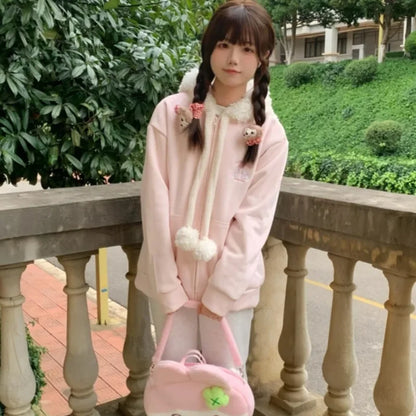 Vintage Kawaii Long Sleeve Loose Coat with Hooded Women Japanese Cute Zipper Sweatshirts Female Casual Y2k Jacket Overcoat Chic