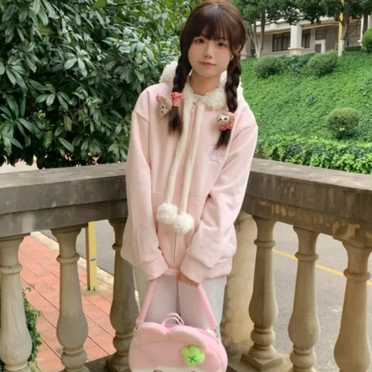 Vintage Kawaii Long Sleeve Loose Coat with Hooded Women Japanese Cute Zipper Sweatshirts Female Casual Y2k Jacket Overcoat Chic