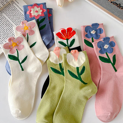 Women Socks Flower Rabbit Pattern Cute Kawaii Japanese Korean Style Cotton Harajuku Funny Breathable Casual Spring Floral Socks