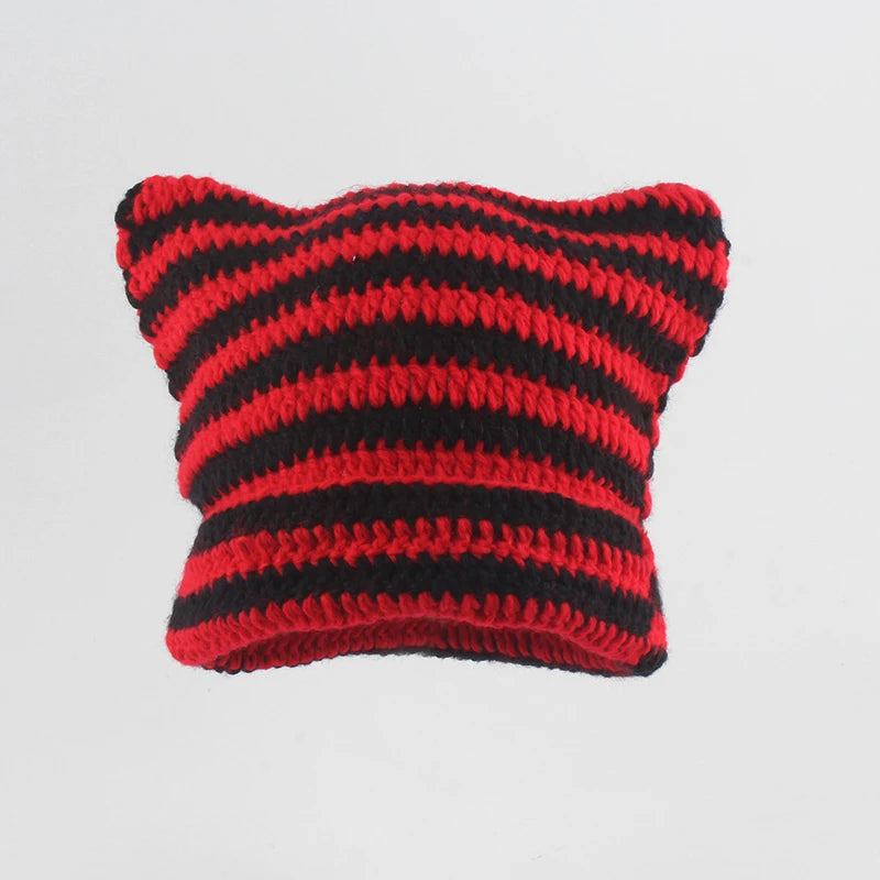 New Japanese Streetwear Harajuku Beanie Little Devil Striped Knitted Hat Women Girls Autumn Winter Cute Cat Ears Cap