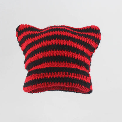 New Japanese Streetwear Harajuku Beanie Little Devil Striped Knitted Hat Women Girls Autumn Winter Cute Cat Ears Cap