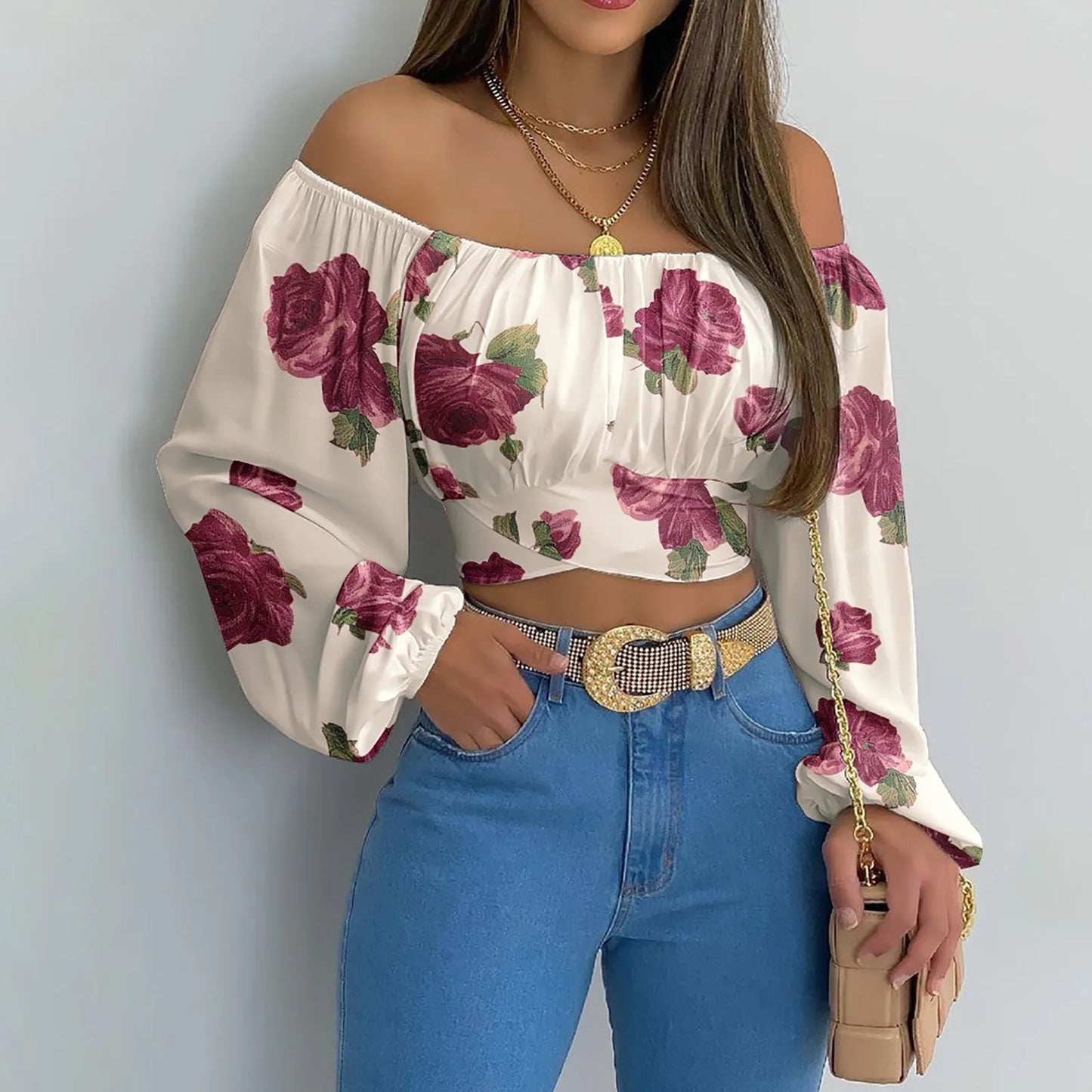 Long Sleeve Blouse Crop Top