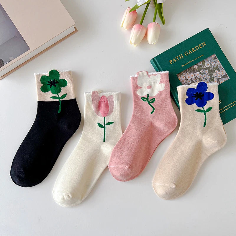 Women Socks Flower Rabbit Pattern Cute Kawaii Japanese Korean Style Cotton Harajuku Funny Breathable Casual Spring Floral Socks
