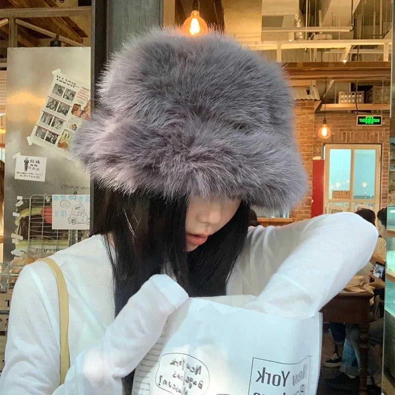 2024 Fluffy Faux Fur Bucket Hats Women Rabbit Fur Warm Thick Plush Winter Hat Lady Fashion Luxury Panama Furry Fisherman Cap Y2k