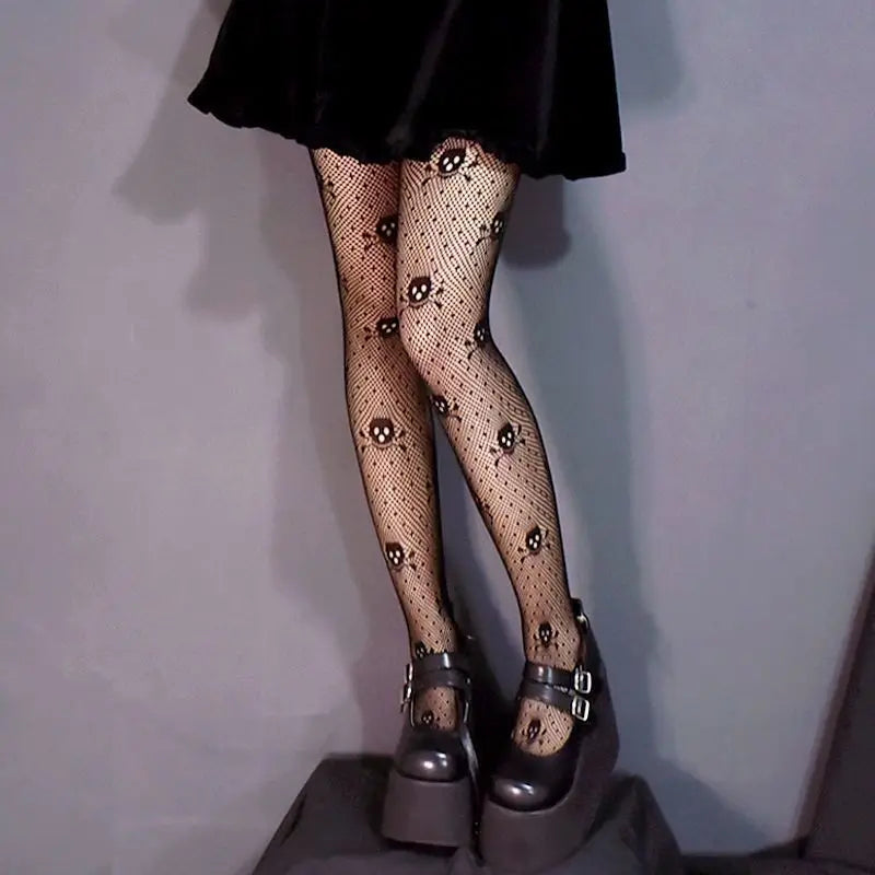 Kawaii Gothic Hollow Out Pantyhose Lolita Bow Knot Fishnet Stockings Women Spicy Girl Black White Sexy Thin Ins Tide Lace Tights