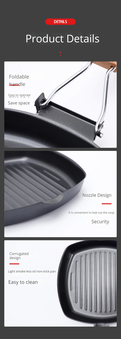 Foldable Portable Frying Pan Picnic Grill Pan Anti-scald Wooden Handle Outdoor Grill Pan Double Mouth Steak Pan(No Lid)