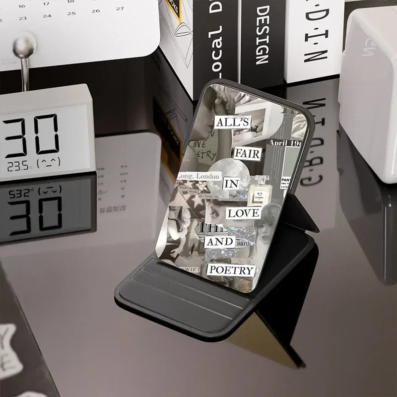 Woman MINI Folding Makeup Mirror High-quality Portable Pocket Makeup Mirror Single-side Creative Women Solid Color Handle Desk